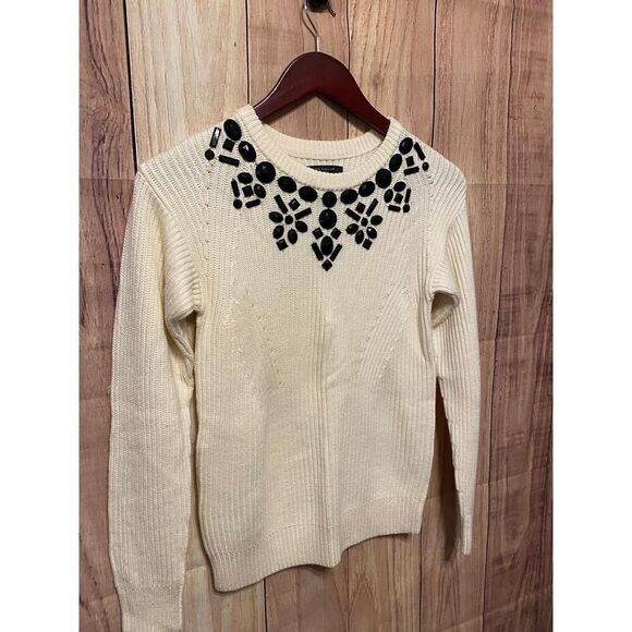 Ann Taylor Small/Petite Crew Neck Sweater NWT Cream Black Embellished Elegant - Picture 5 of 11